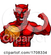 Poster, Art Print Of Devil Basketball Sports Mascot Holding Ball