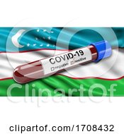 Flag Of Uzbekistan Waving In The Wind With A Positive Covid 19 Blood Test Tube