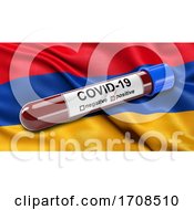 Flag Of Armenia Waving In The Wind With A Positive Covid 19 Blood Test Tube