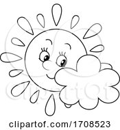 Poster, Art Print Of Black And White Spring Or Summer Sun Mascot With A Cloud