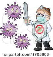 Cartoon Male Doctor Fighting Viruses