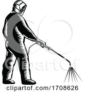 Essential Worker Wearing Ppe Spraying Disinfectant Woodcut
