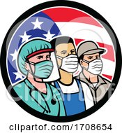 Doctor Grocer And Delivery Drivers Wearing Covid Masks Over An American Flag by patrimonio