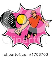 Poster, Art Print Of Padel Player With Racquet Jumping Bll Retro Mascot