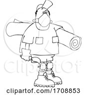 Cartoon Black And White Male Carpet Layer Wearing A Mask And Carrying A Roll And Trowel