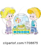 Children With Their Pet Fish And Cat