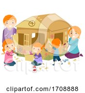 Poster, Art Print Of Family Girls Build Cardboard House Illustration