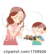 Poster, Art Print Of Kid Boy Mom Taste Baked Cupcake Illustration