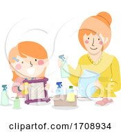 Poster, Art Print Of Kid Girl Mom Teach Cleaning Tools Illustration