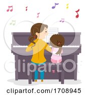 Poster, Art Print Of Stickman Kid Girl Mom Learn Piano Illustration