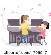 Stickman Kid Girl Mom Piano Violin Illustration