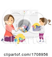 Poster, Art Print Of Stickman Mom Teach Kid Laundry Help Illustration