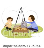 Poster, Art Print Of Stickman Kid Boy Dad Open Fire Set Up Illustration