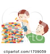 Poster, Art Print Of Kid Boy Dad Build Plastic Blocks Illustration