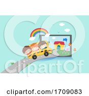 Poster, Art Print Of Kids Virtual School Tablet Bus Travel Illustration