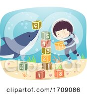 Poster, Art Print Of Kid Boy Underwater Play Dolphin Illustration