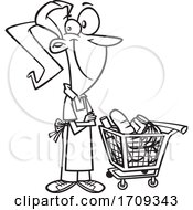 Cartoon Black And White Female Grocer With A Cart Full Of Food