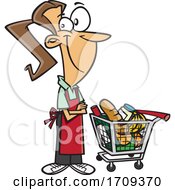 Cartoon Female Grocer With A Cart Full Of Food