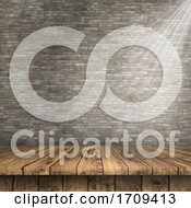 Poster, Art Print Of 3d Wooden Table Against A Defocussed Brick Wall Texture