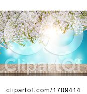 Poster, Art Print Of 3d Wooden Table Looking Out To A Cherry Blossom Tree On A Blue Sky Background