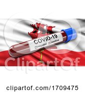 Flag Of Gibraltar Waving In The Wind With A Positive Covid 19 Blood Test Tube