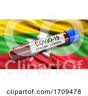 Poster, Art Print Of Flag Of Myanmar Waving In The Wind With A Positive Covid 19 Blood Test Tube