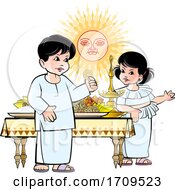 Boy And Girl With Sinhala New Year Sun And Foods