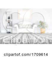 3d Wooden Table Looking Out To A Defocussed Modern Room Interior