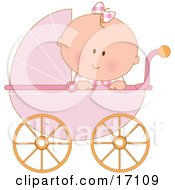 Caucasian Baby Girl In A Pink Stroller Carriage Looking Over The Side Clipart Illustration by Maria Bell #COLLC17109-0034