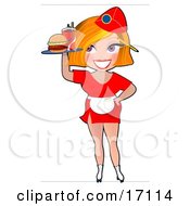 Sexy Blond Caucasian Waitress In A Small Red Dress And Apron Rollerskating And Serving A Hamburger And Soda Clipart Illustration