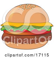 Perfectly Garnished Cheeseburger With Hamburger Meat Tomatoes Lettuce And Cheese Clipart Illustration