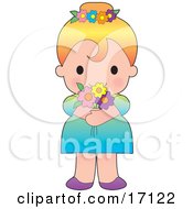 Sweet Blond Caucasian Girl In A Dress Wearing Flowers In Her Hair And Holding A Bouquet Clipart Illustration by Maria Bell