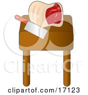 Large Piece Of Red Meat Resting On A Butcher Block By A Knife Clipart Illustration by Maria Bell