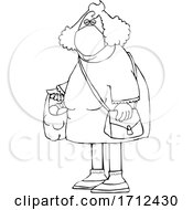 Poster, Art Print Of Cartoon Black And White Woman Wearing A Mask And Carrying A Plastic Bag Full Of Fruit