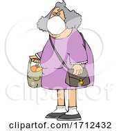 Cartoon Woman Wearing A Mask And Carrying A Plastic Bag Full Of Fruit