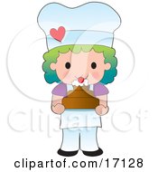 Rainbow Haired Female Chef Or Baker Holding A Freshly Baked Cake Topped With Cream And A Cherry