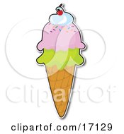Waffle Cone With Pistacio And Strawberry Ice Cream And Topped With Whipped Cream And A Cherry Clipart Illustration by Maria Bell