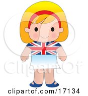 Cute Blond English Girl Wearing A Flag Of Britian Shirt Clipart Illustration