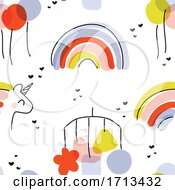 Poster, Art Print Of Seamless Pattern With Cute Rainbow Unicorn Balloons And Bed Bell Toy