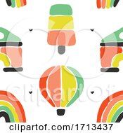 Poster, Art Print Of Seamless Pattern In Naive Style With Cute Abstract Rainbow Ice Cream Hot Air Balloon And House