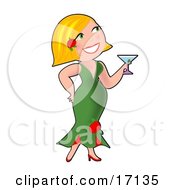 Sexy Blond Caucasian Woman With A Rose In Her Hair Wearing A Green Dress And Drinking A Martini At A Party Clipart Illustration