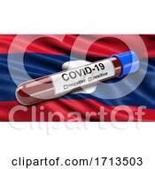 Poster, Art Print Of Flag Of Laos Waving In The Wind With A Positive Covid 19 Blood Test Tube