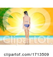 Poster, Art Print Of Rear View Of A Woman On A Tropical Beach At Sunset