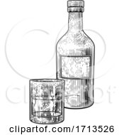 Drinks Glass And Bottle In Vintage Woodcut Style