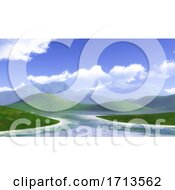 Poster, Art Print Of 3d Landscape With Grassy Hills And Blue Cloudy Sky
