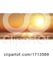 Poster, Art Print Of Summer Themed Banner With Wooden Table Looking Out To A Sunset Sky