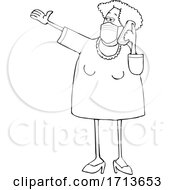 Poster, Art Print Of Cartoon Lineart Woman Wearing A Mask And Yaking On A Cell Phone