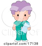 Female Purple Haired Medical Nurse Or Doctor In Scrubs Holding A Clipboard While On Shift At The Hospital