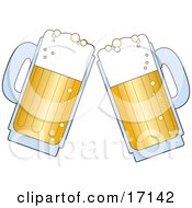 Two Frothy Beer Mugs Clanking Together While Toasting