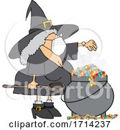 Cartoon Witch Wearing A Mask And Making A Spell In Her Cauldron